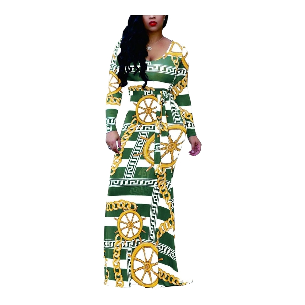 White and Green Scoop Neck Long Sleeve Maxi Dress
